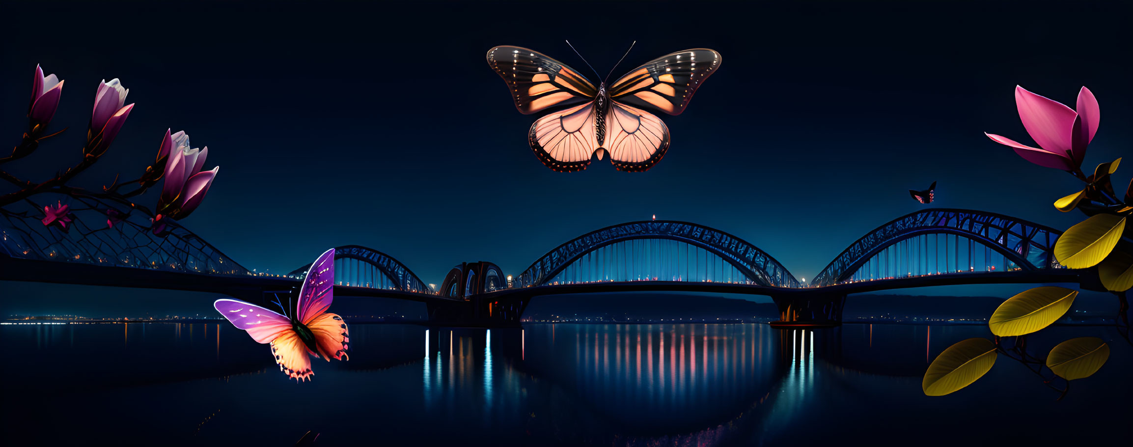 Tranquil nightscape with arch bridge, butterflies, and flowers