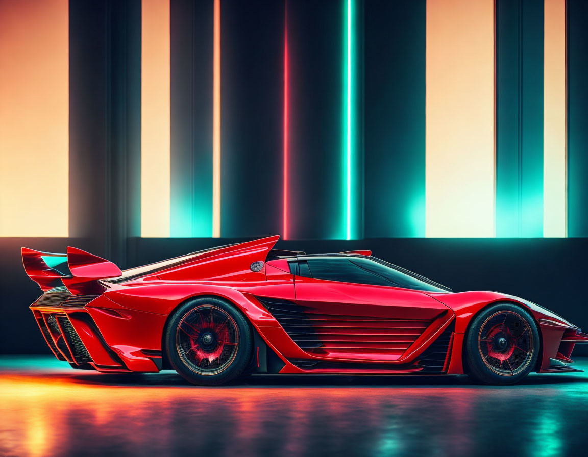 Sleek Red Futuristic Sports Car with Neon Lights