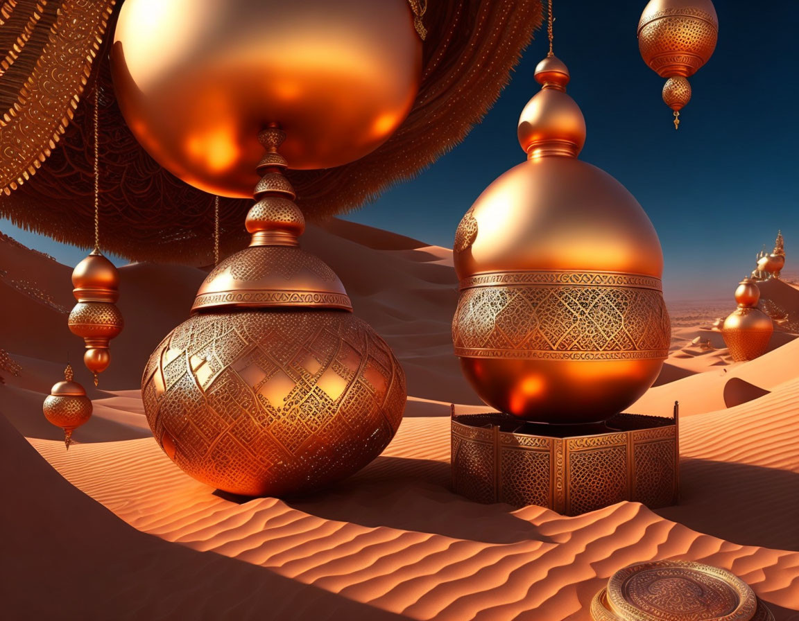 Surreal landscape with metallic spheres and shapes above sand dunes