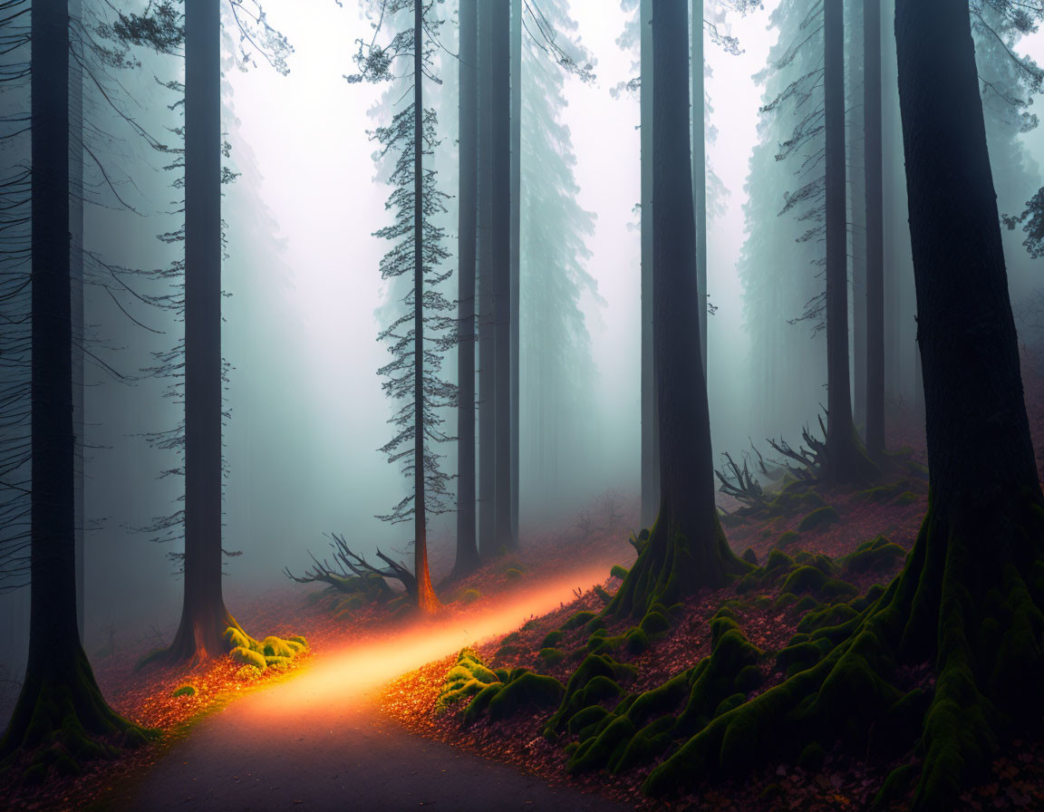 Mystical forest path in fog with sunlight, moss-covered roots, towering trees