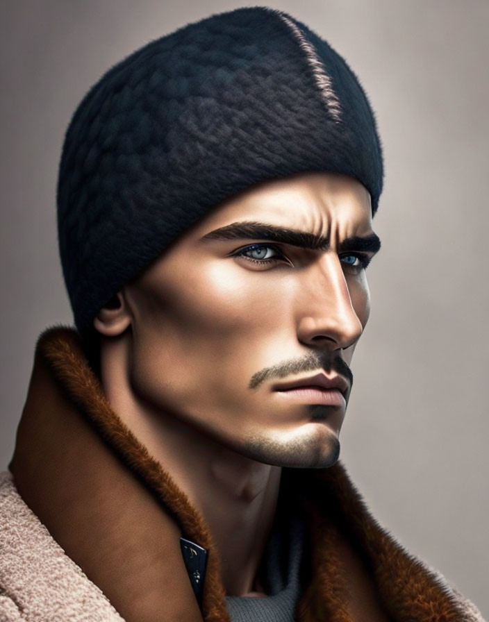 Man in Beanie and Fur-Collared Jacket with Intense Gaze