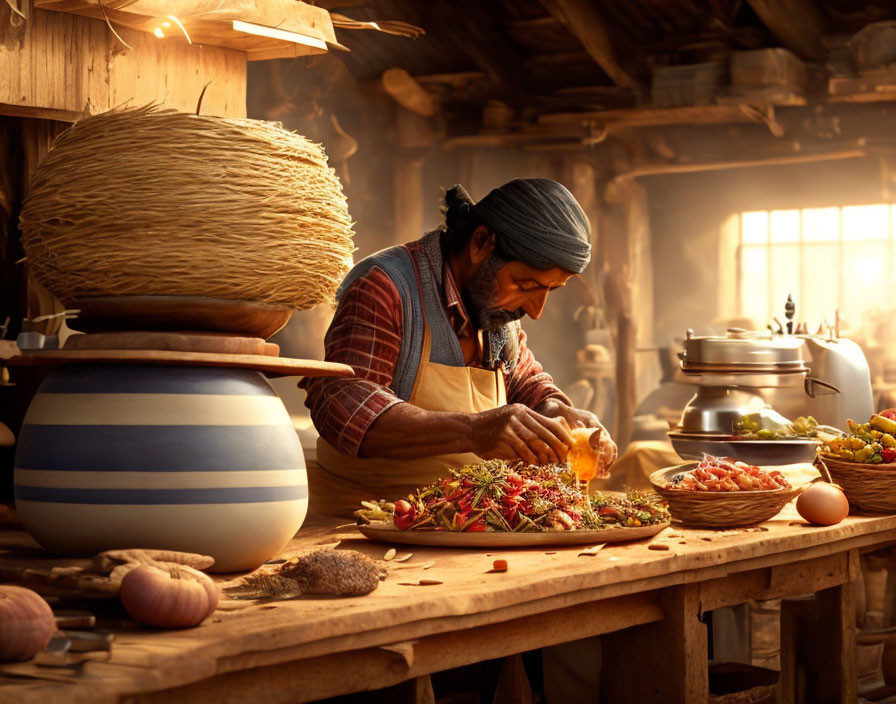 Man cooking in rustic kitchen with chili peppers and sunlight 