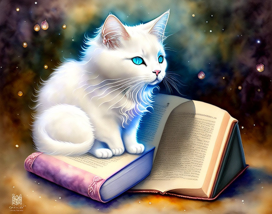 Fluffy White Cat with Blue Eyes Beside Open Book in Starry Setting