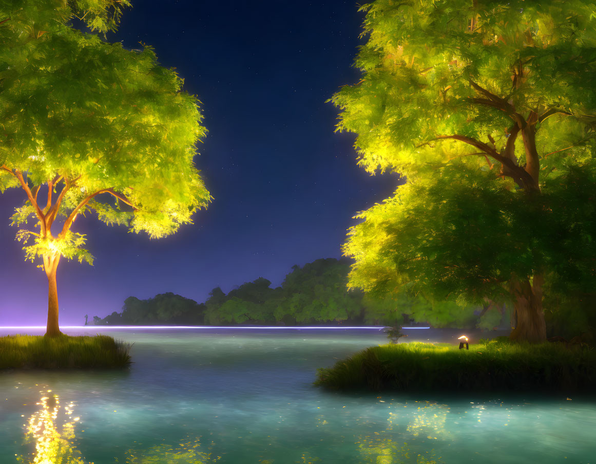 Tranquil nighttime landscape with illuminated trees, river, stars, and lantern.