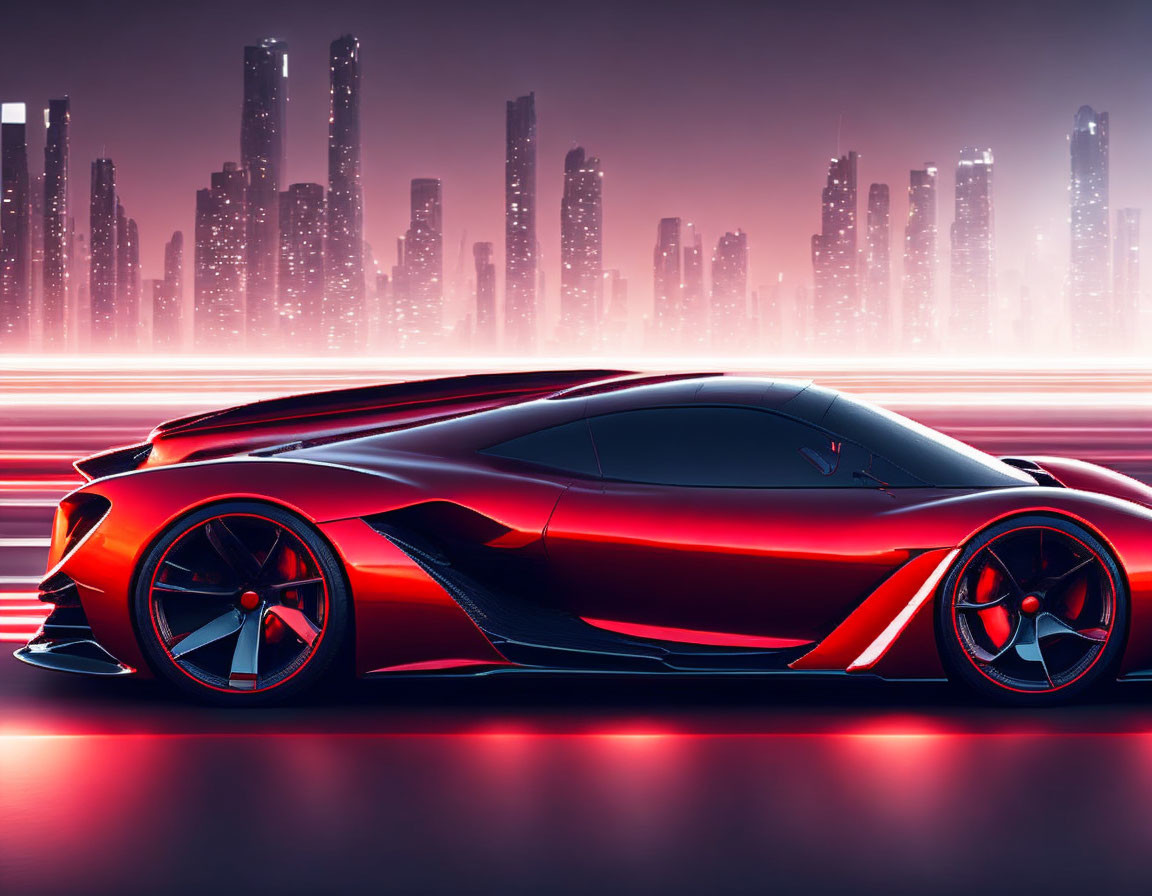 Sleek Red Futuristic Sports Car Against Neon City Skyline