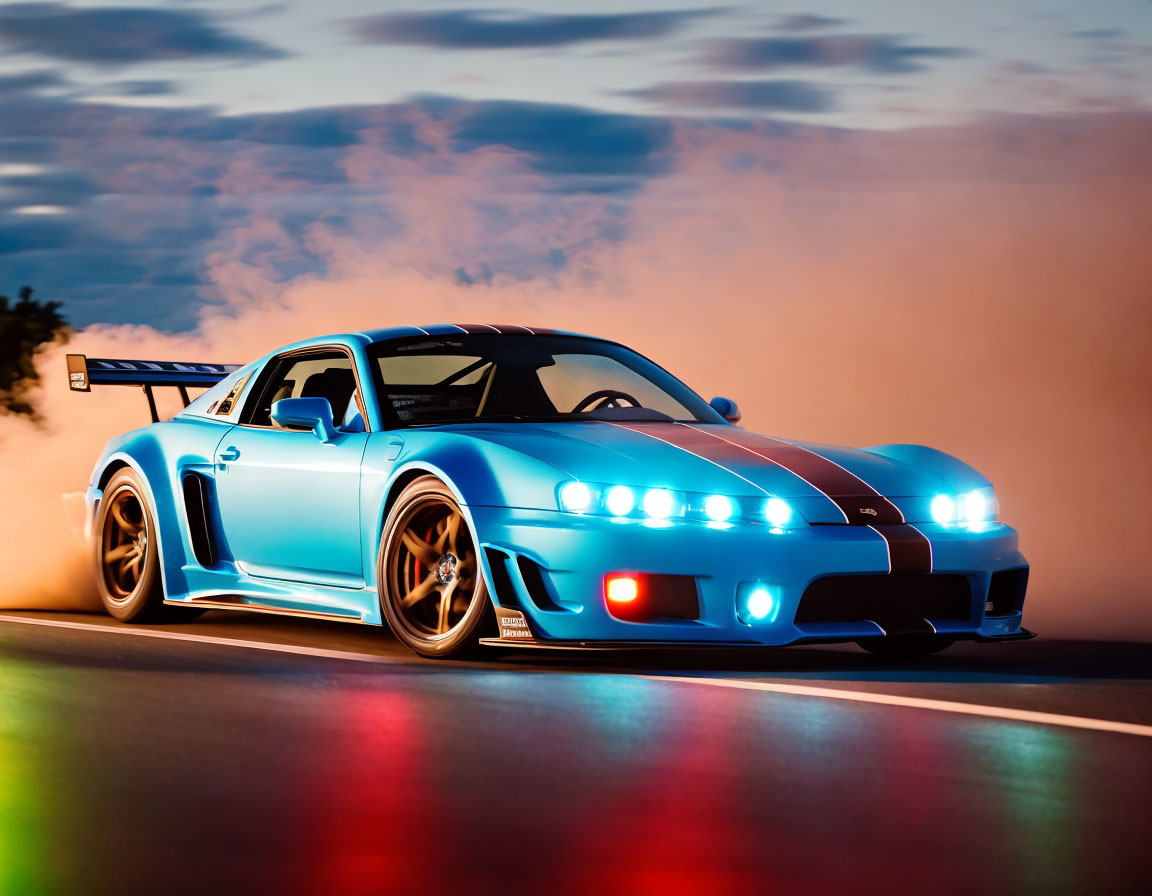 Blue Sports Car with Large Rear Wing and Neon Underglow Driving at Dusk