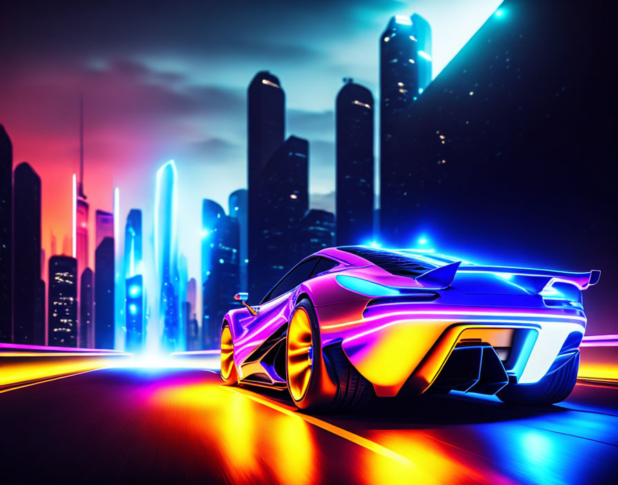 Futuristic sports car racing in neon-lit cityscape