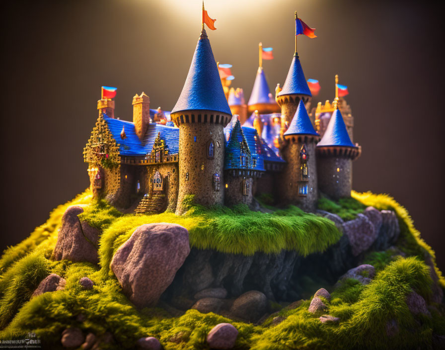 Miniature fantasy castle with blue roofs and orange flags on grassy hill.