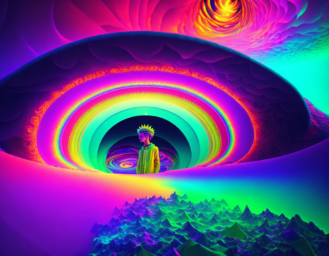 Vivid Rainbow Fractal Patterns Surrounding a Person