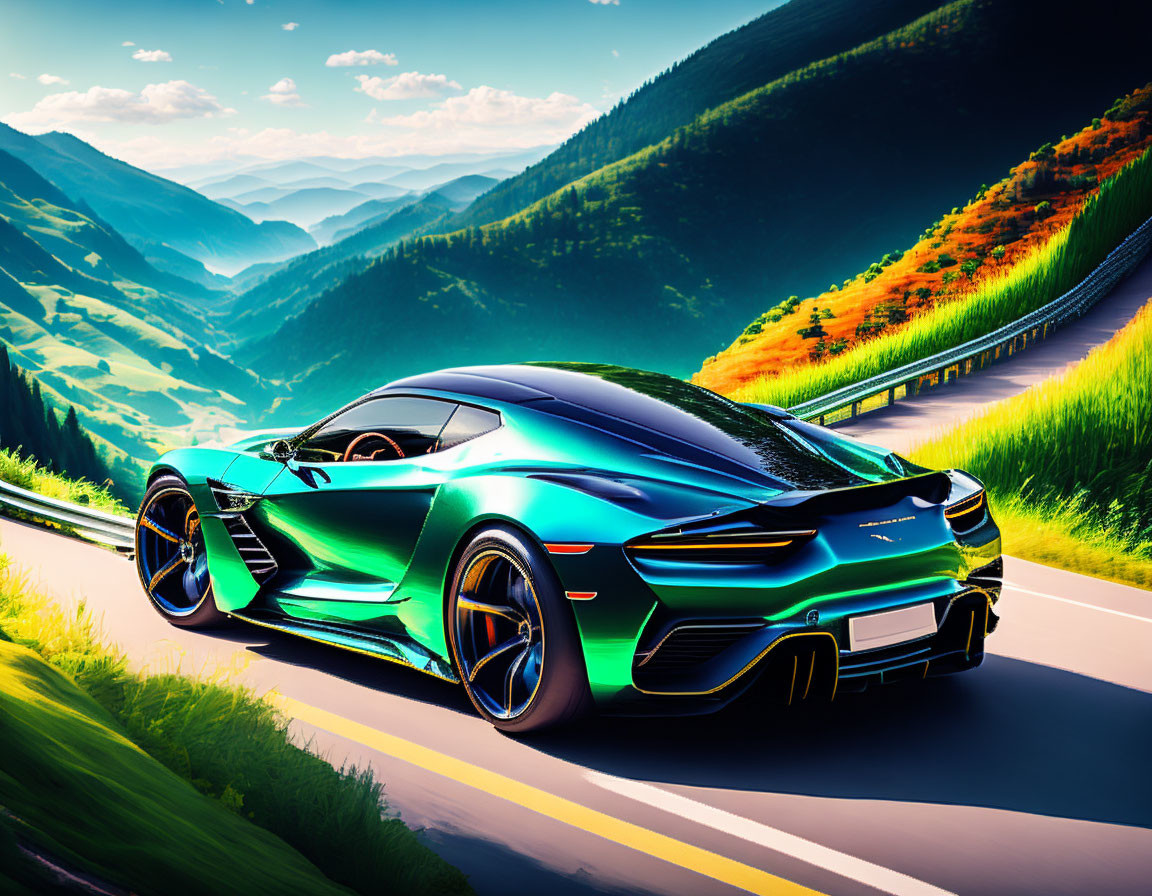 Vibrant green sports car on mountain road with sweeping views