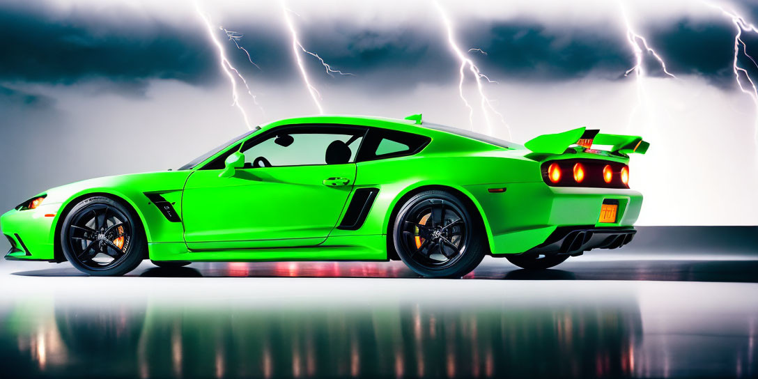 Bright Green Sports Car with Black Rims and Rear Wing on Lightning Background