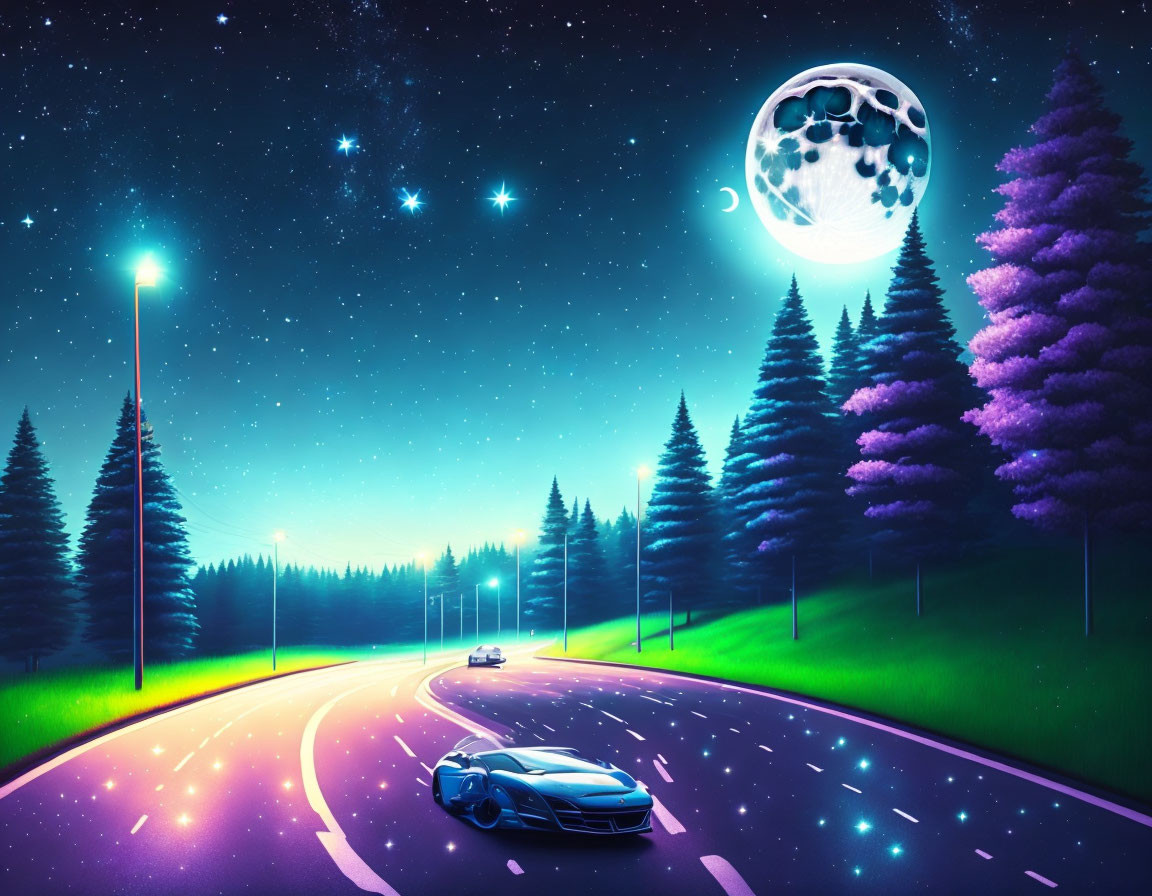 Night scene with large moon and stars over road in pine forest with streetlights and cars.