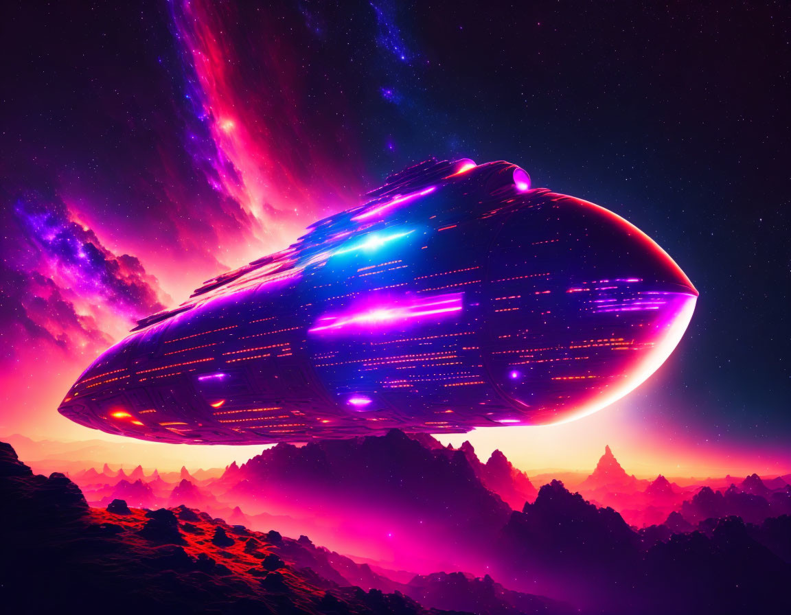 Futuristic spaceship over alien landscape with vibrant sky