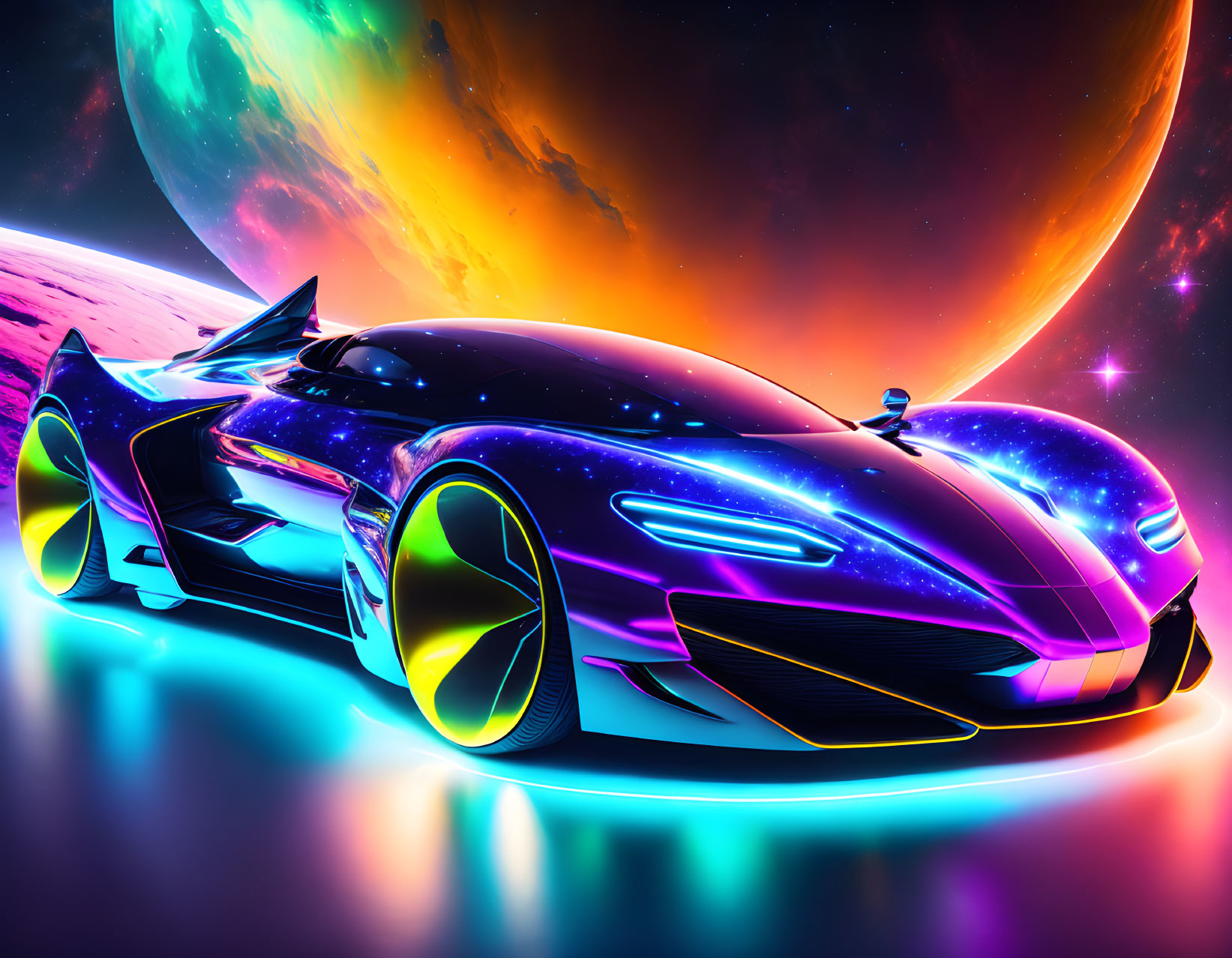 Futuristic car on celestial body with vibrant colors.