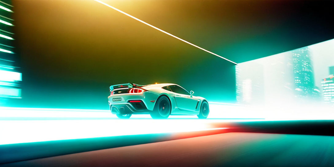 Futuristic city vibe: White sports car speeds in neon-lit tunnel