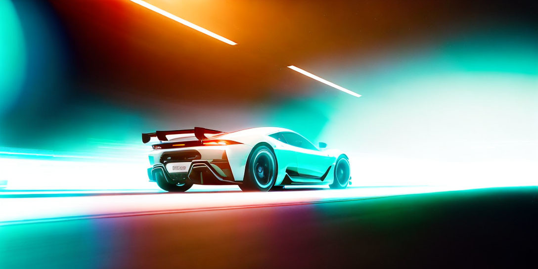 Dynamic Motion: Neon-Lit Sports Car in High-Speed Action