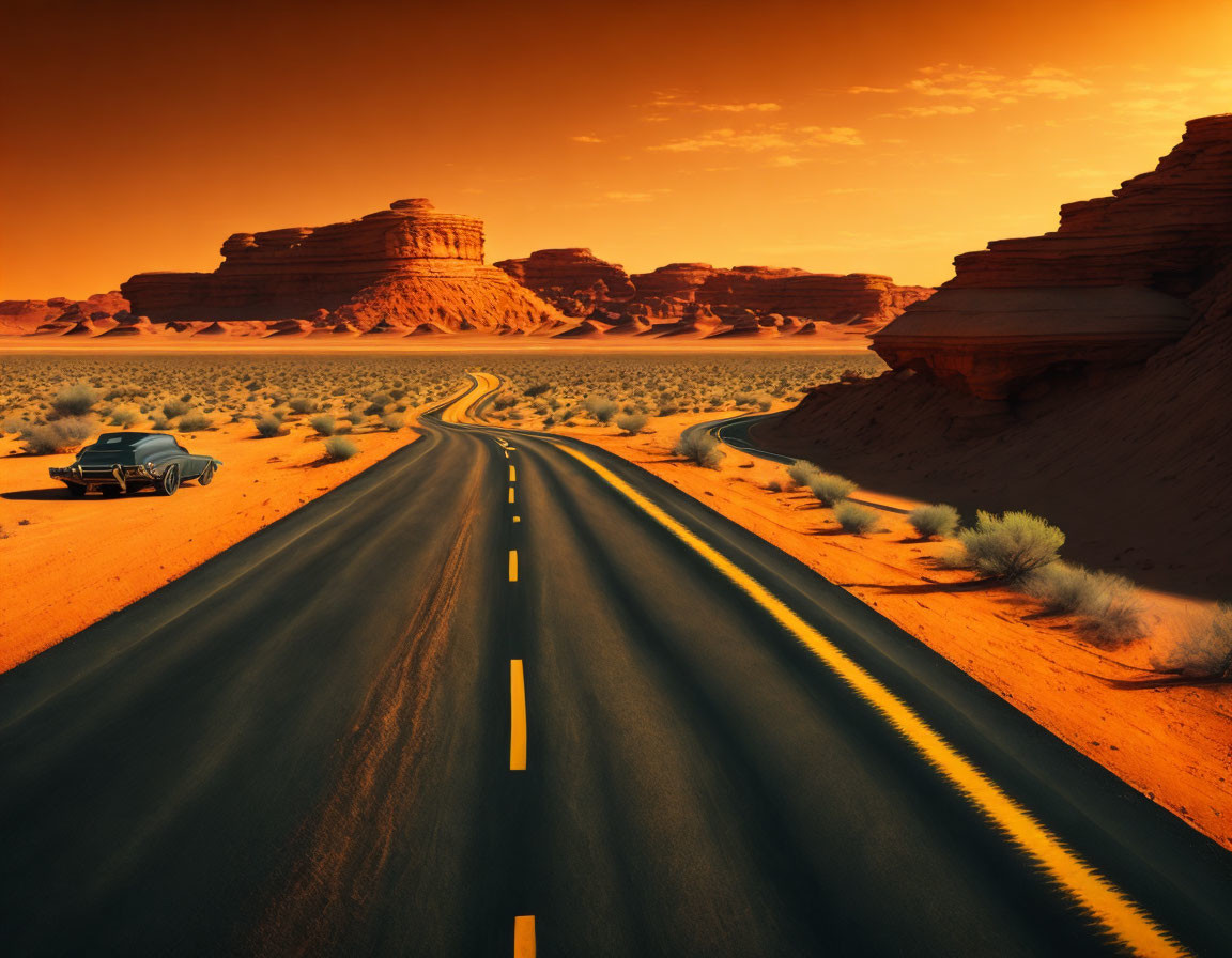 Curving desert road among red sandstone formations with parked car under warm orange sky