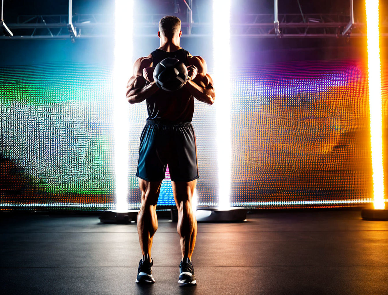 Muscular man lifting heavy dumbbell in modern gym with neon lights