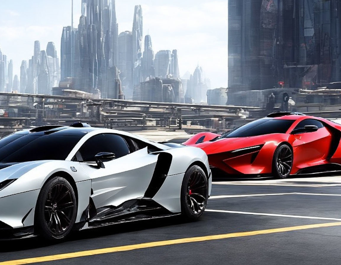 Futuristic white and red sports cars against modern cityscape