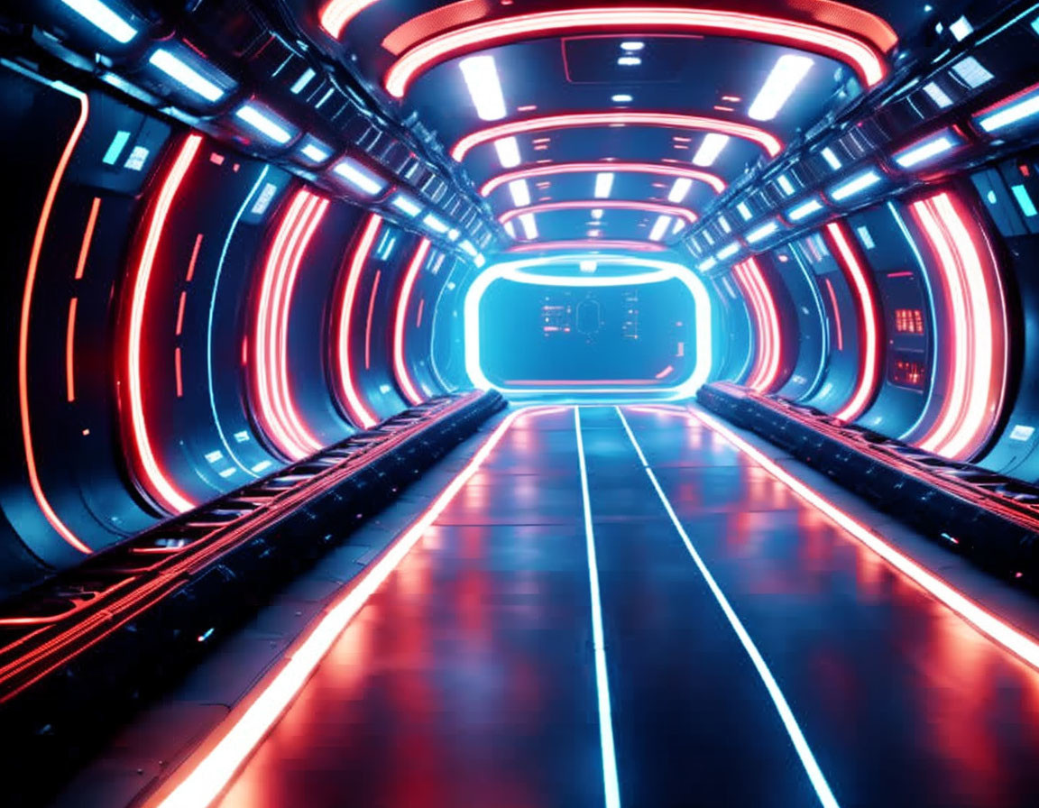 Futuristic corridor with neon lights and luminous portal