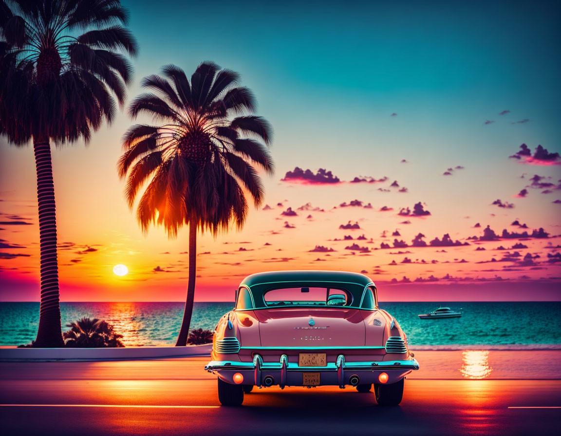 Vintage car by seaside at sunset with palm trees and boat.