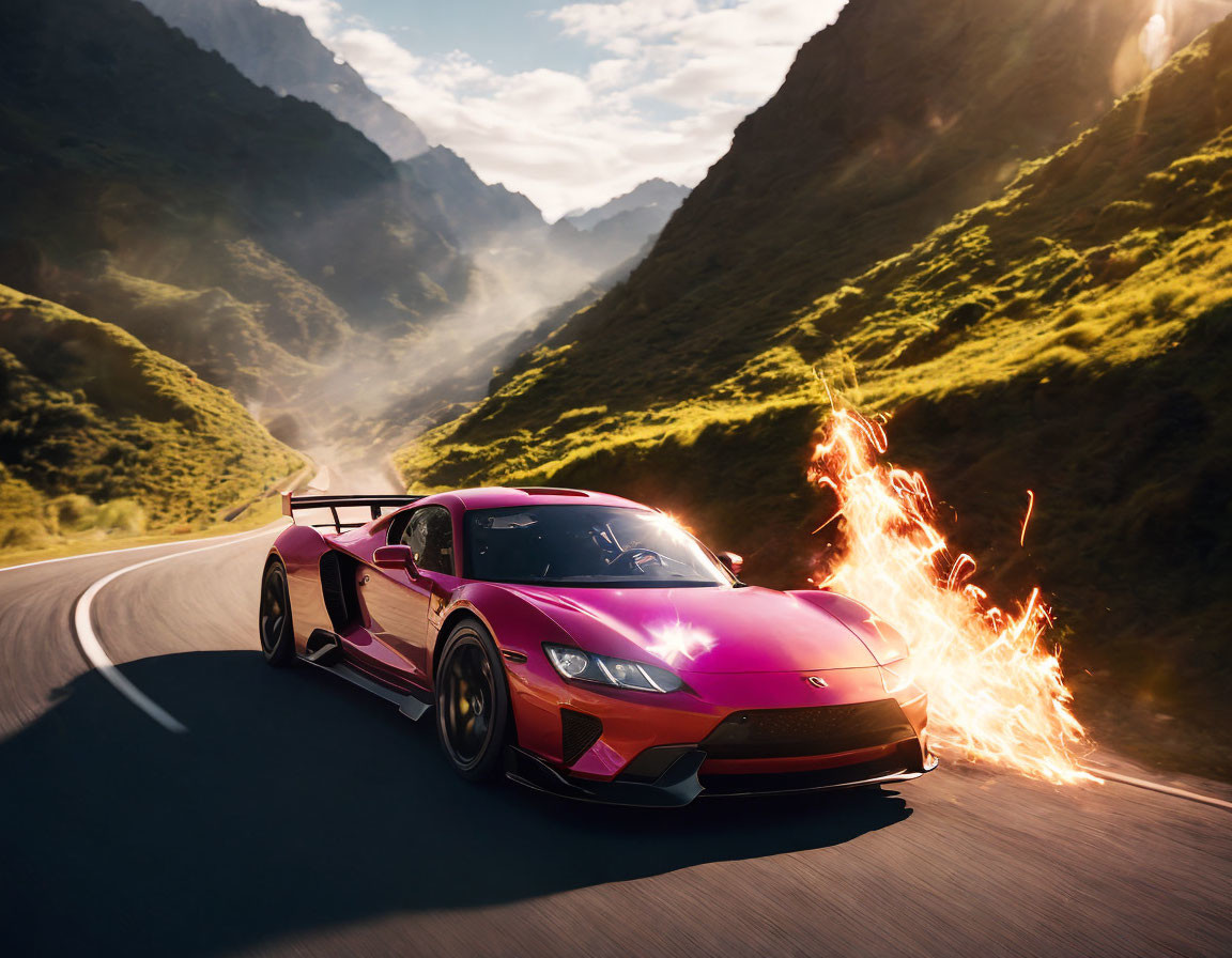 Pink sports car with rear spoiler speeding on mountain road at sunset