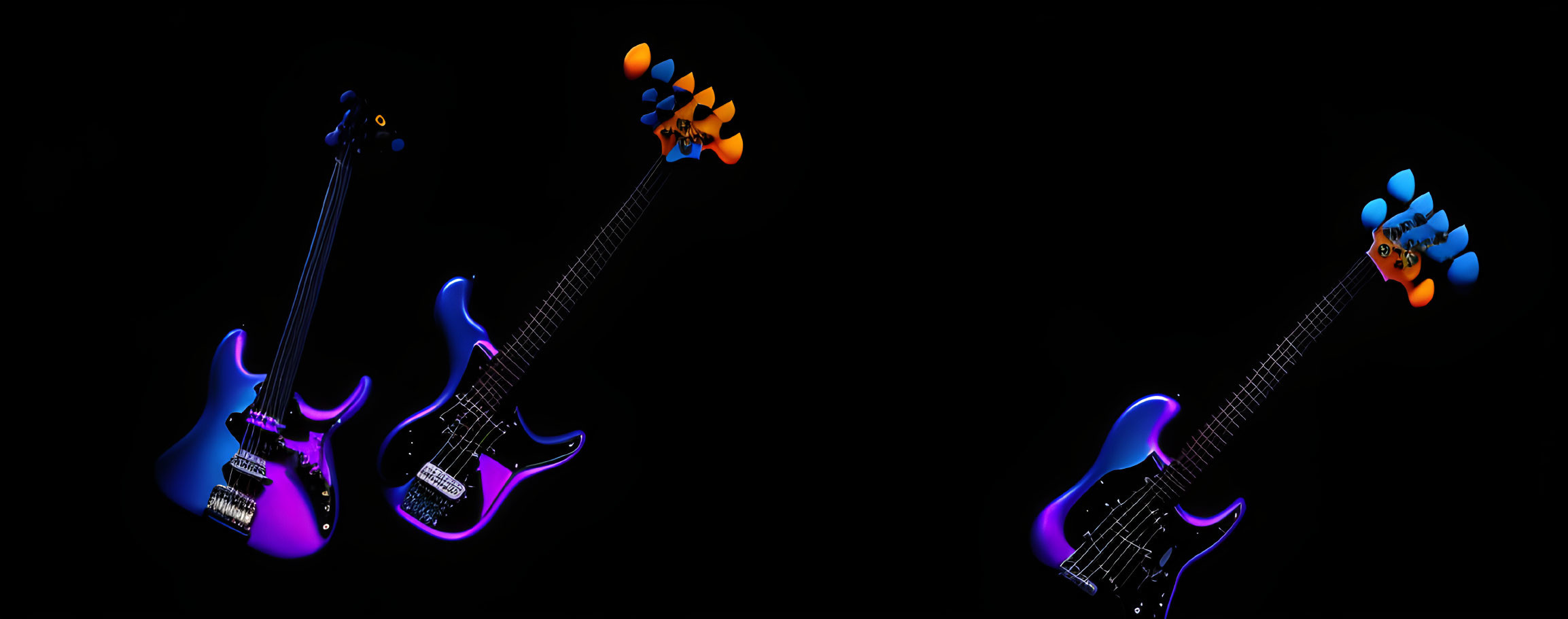 Blue and Purple Gradient Electric Guitars on Black Background