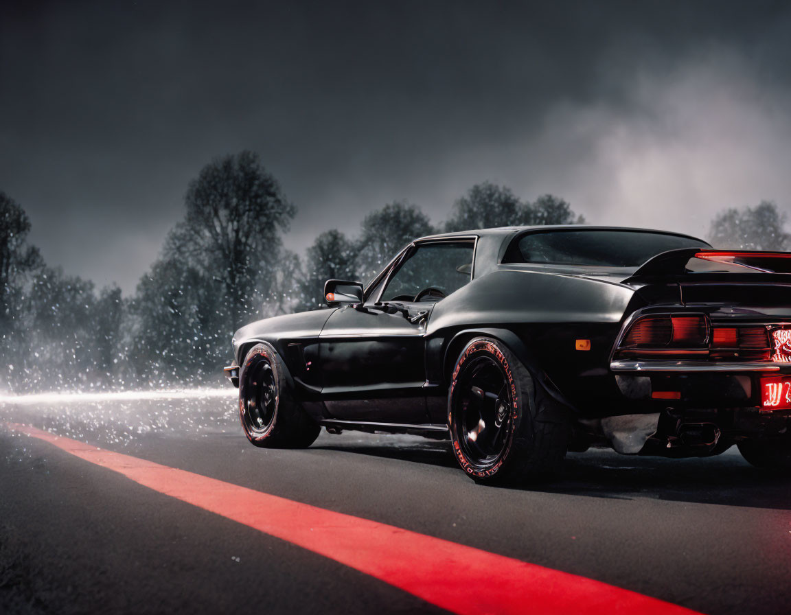 Black Classic Muscle Car with Glowing Headlights on Asphalt at Night