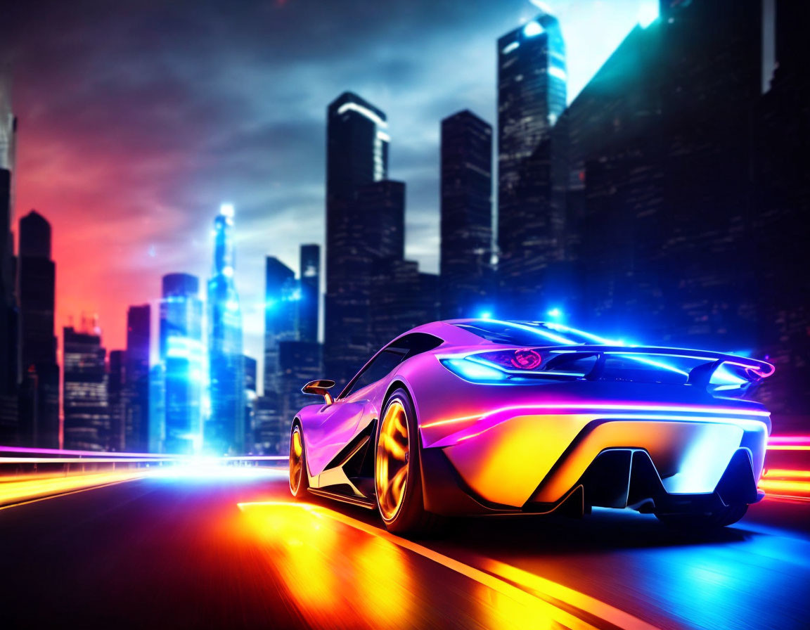 Futuristic sports car with neon underglow in cityscape at dusk