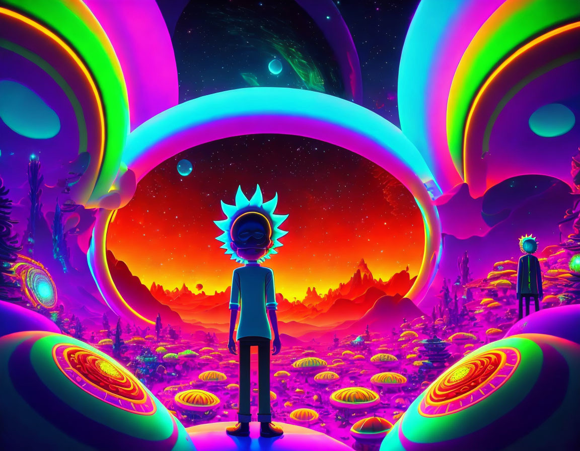 Surreal landscape with neon-lit portal, alien vegetation, and two moons