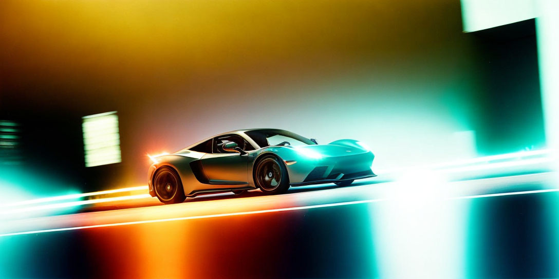 Blue sports car speeding with motion blur and neon lights reflection