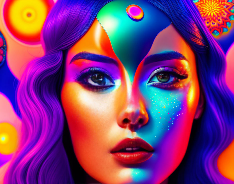 Colorful digital art: Woman with vibrant face paint and psychedelic backdrop