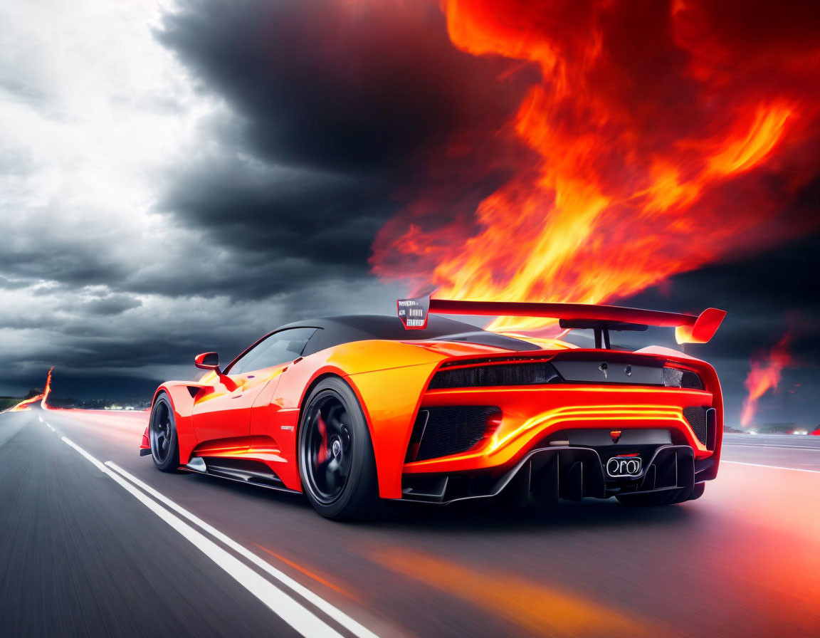 Red sports car racing on highway under fiery sky