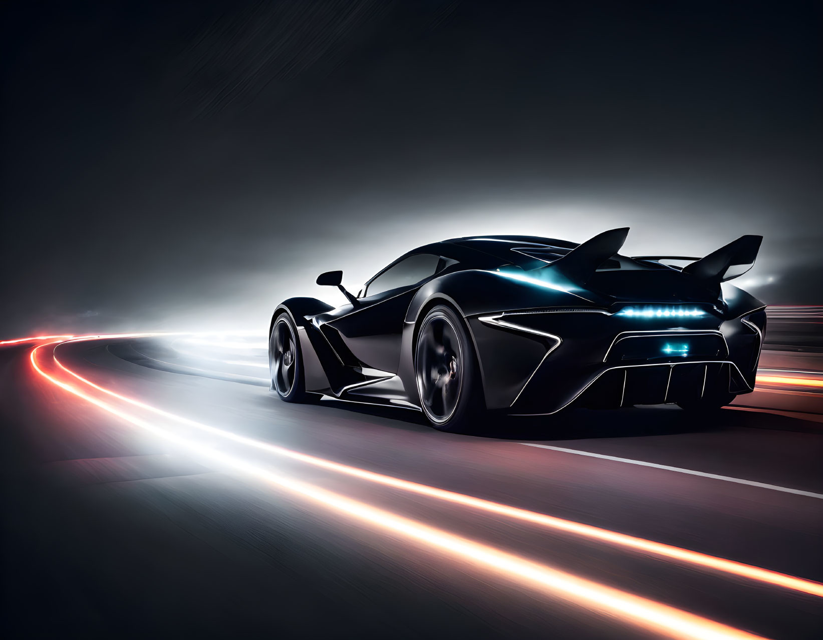 Black sports car speeding on night road with motion blur light streaks