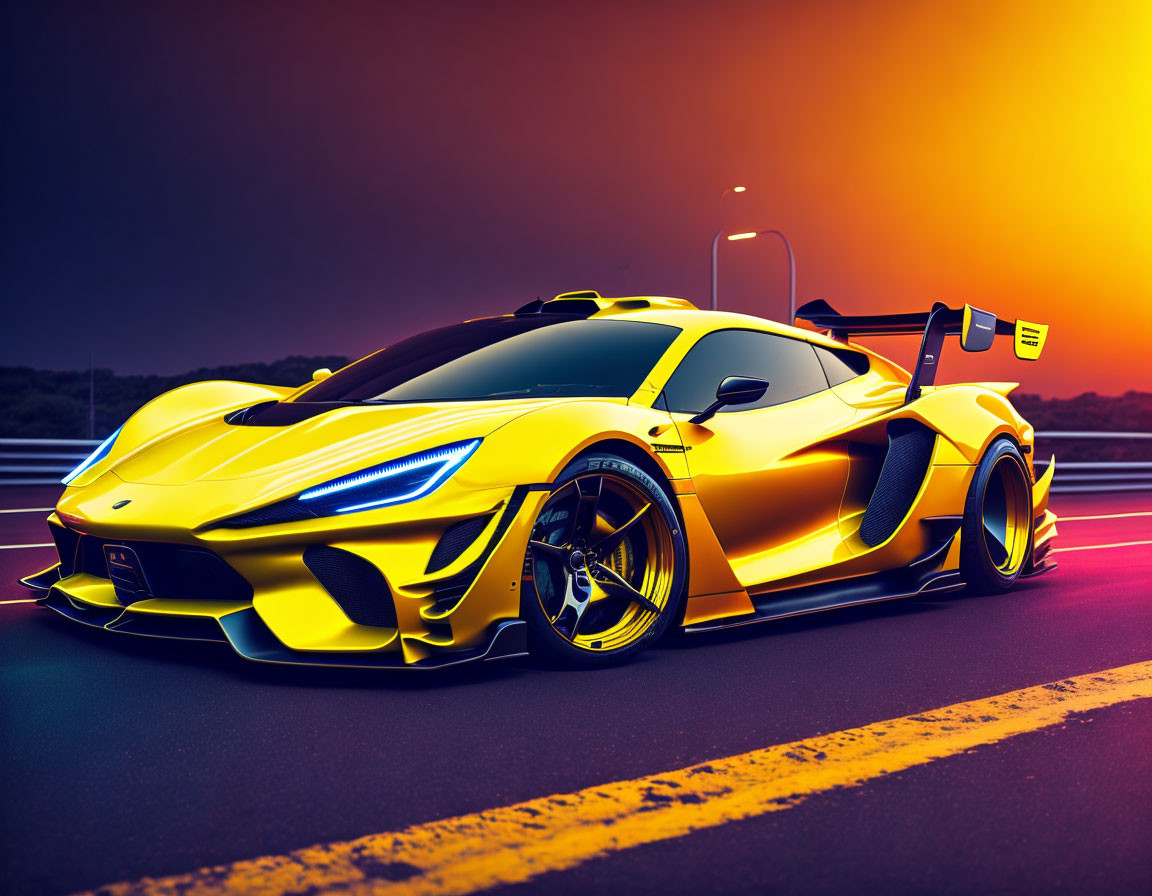 Sleek yellow sports car with racing modifications at sunset