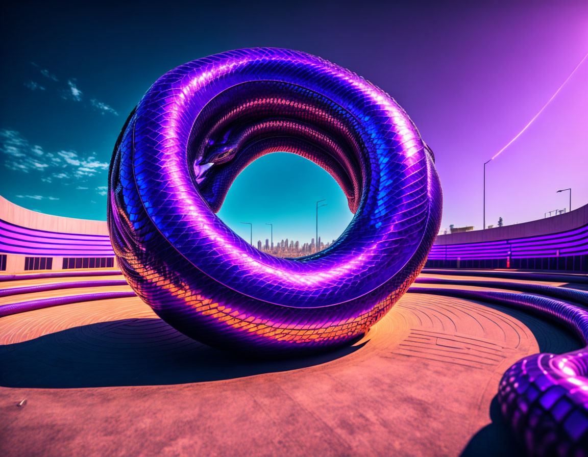 Futuristic neon-lit purple serpent sculpture in circular plaza with city skyline and blue sky.