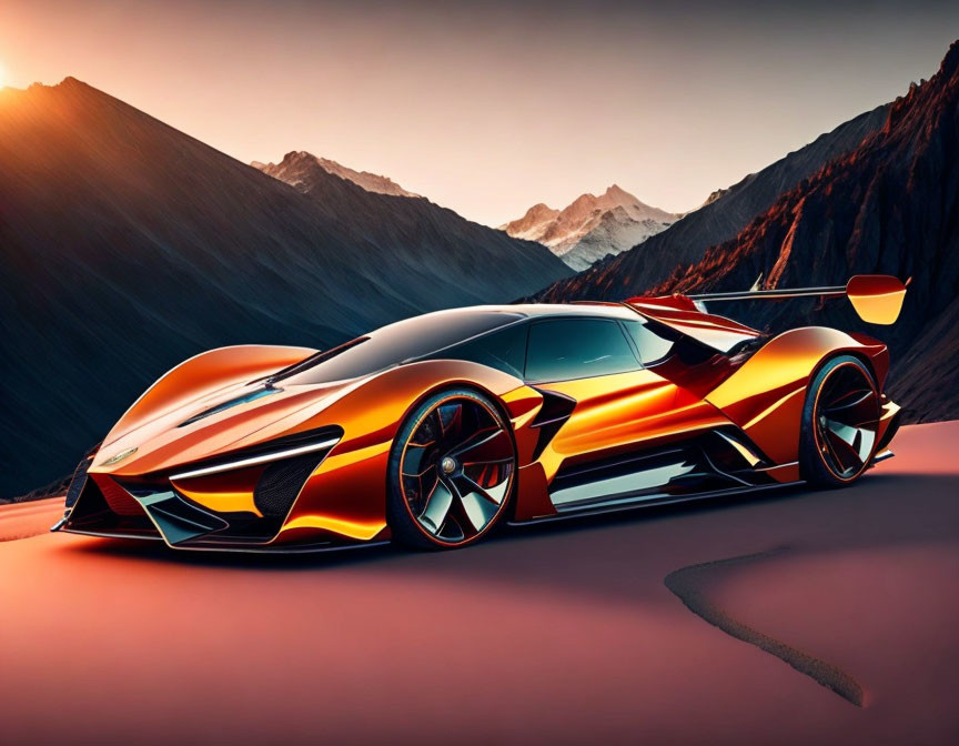 Orange Sports Car with Futuristic Design on Mountainous Road at Sunset