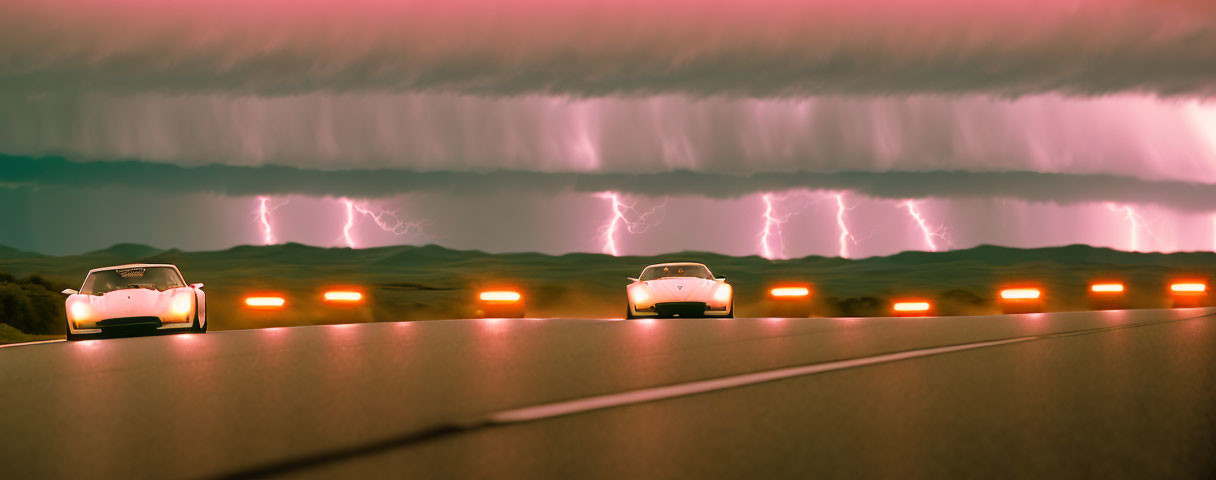 Dramatic sky with pink clouds and lightning strikes over highway.