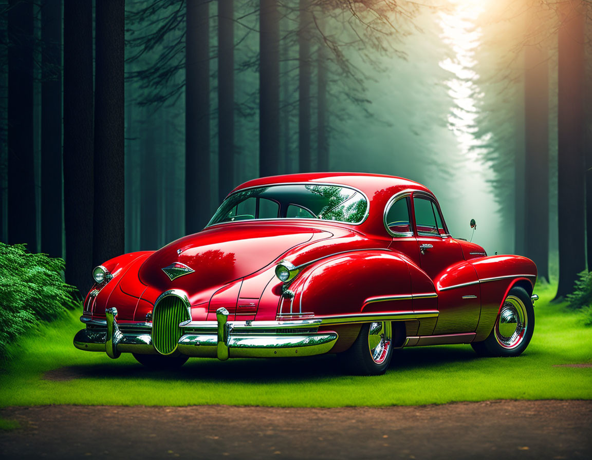 Vintage Red Car Parked in Sunlit Forest