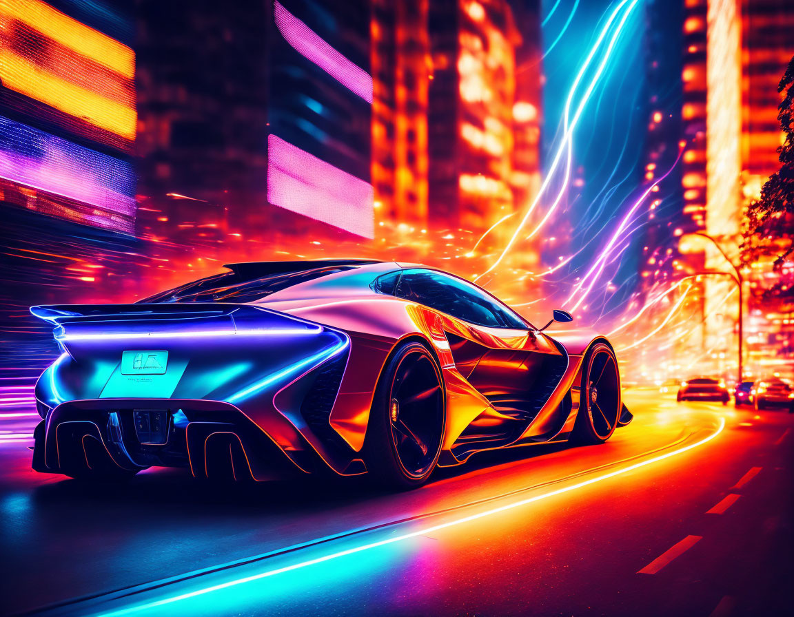 Futuristic sports car in neon-lit cityscape with dynamic light trails