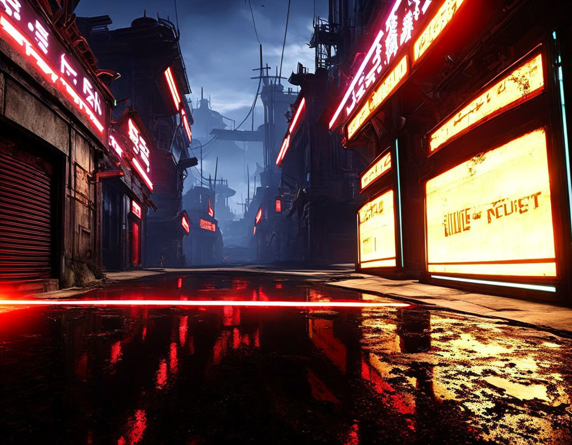 Futuristic neon-lit dystopian alleyway scene