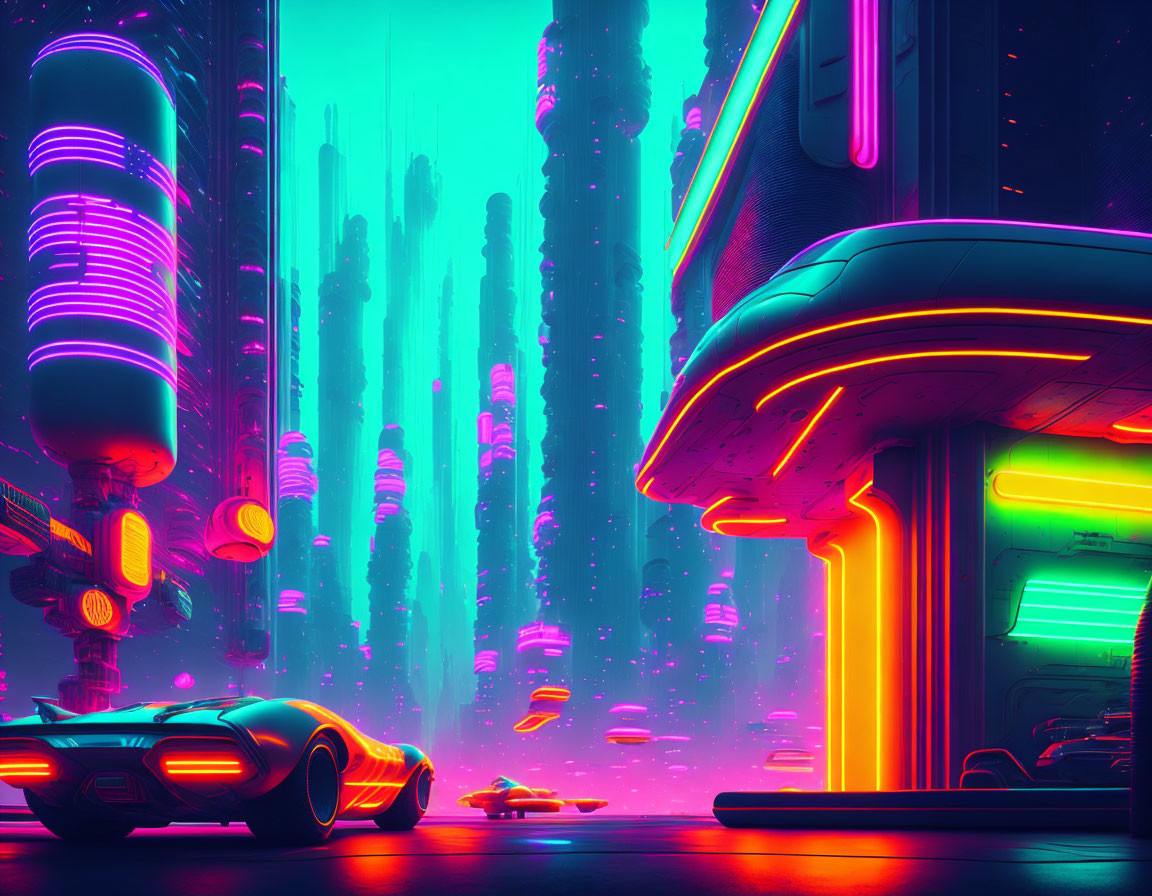 Futuristic neon-lit cityscape with skyscrapers and flying cars under purple sky