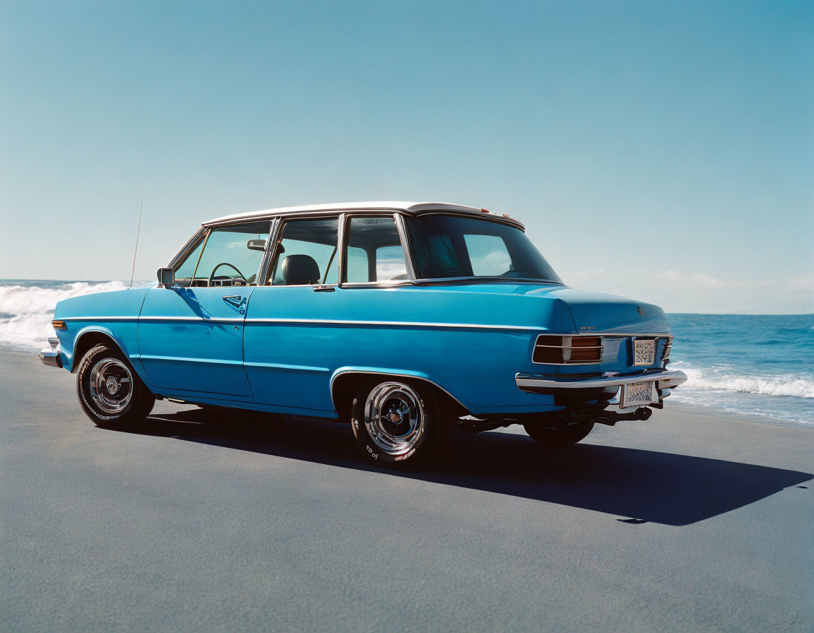 Classic Blue Station Wagon by Seaside on Sunny Day