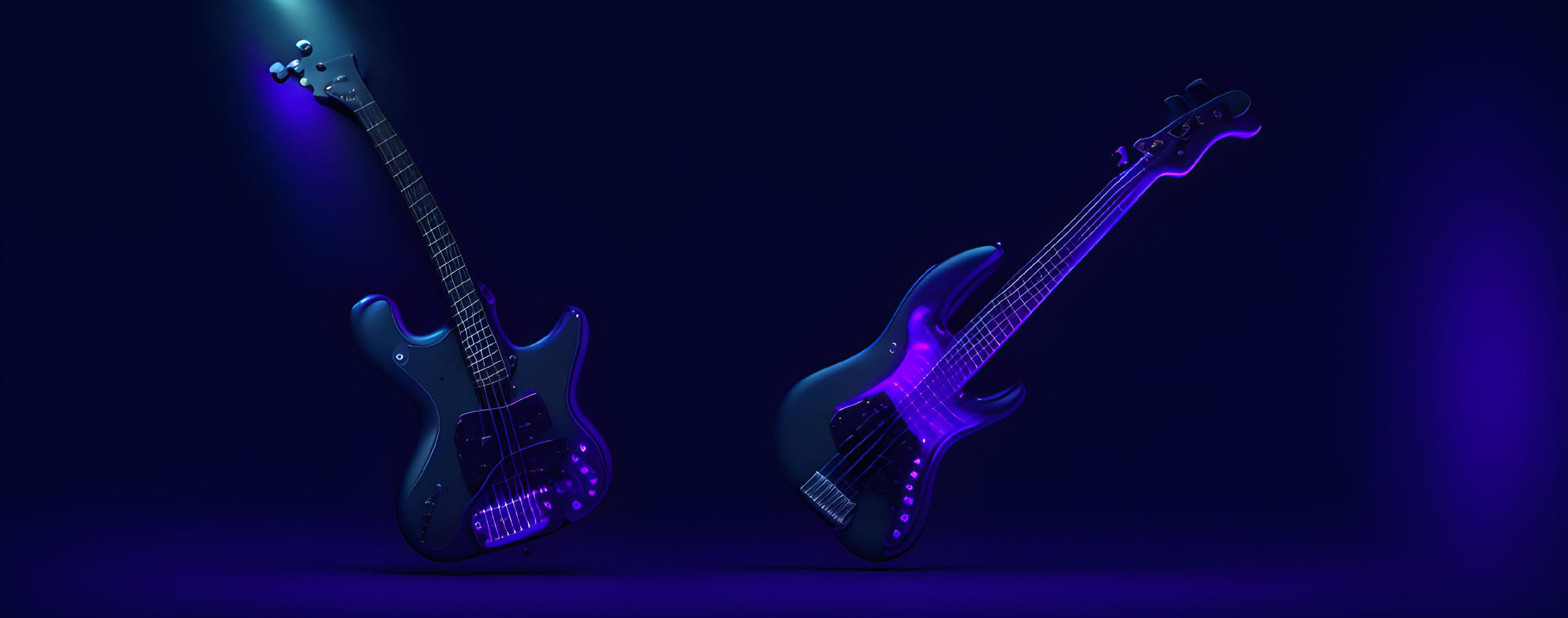 Modern electric guitars under blue neon lights on dark background