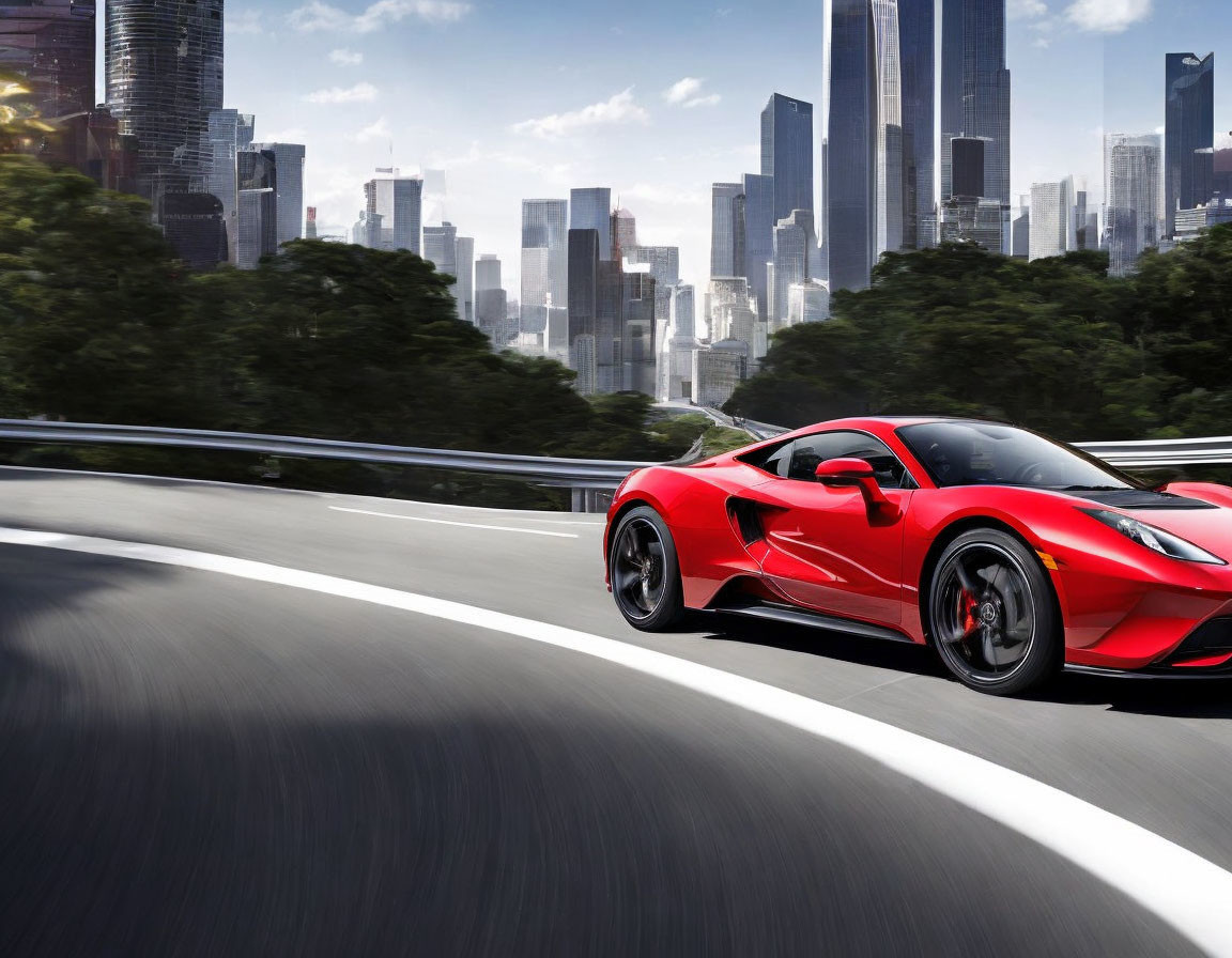 Red sports car racing on city highway with skyscrapers and clear sky