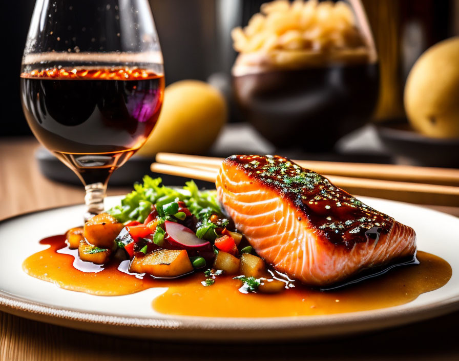 Glazed salmon fillet with vegetables, chopsticks, wine, and fries on plate