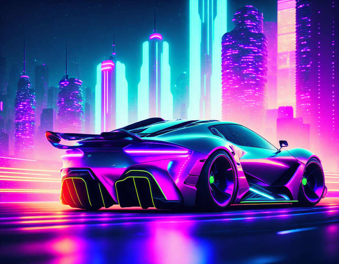 Futuristic sports car with neon accents in vibrant cyberpunk cityscape