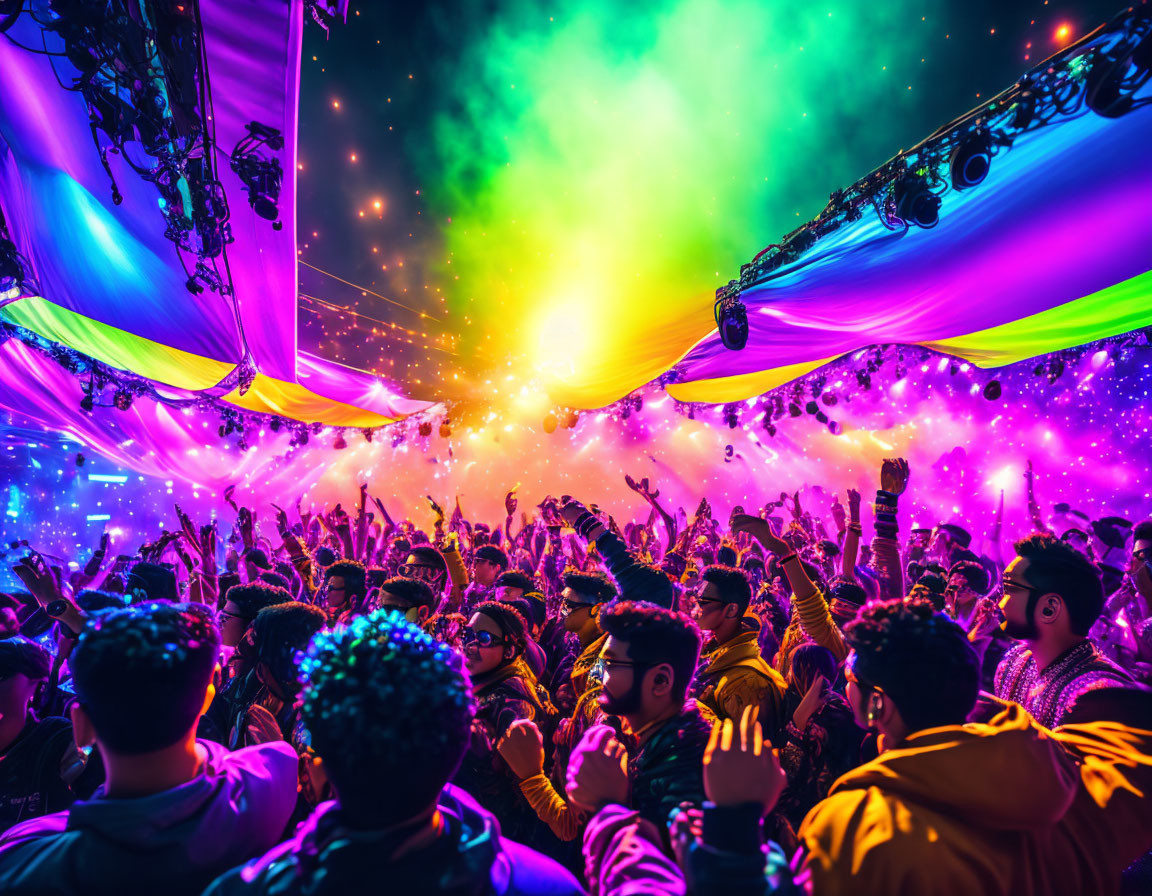 Crowd cheering in vibrant concert scene with green and purple lighting