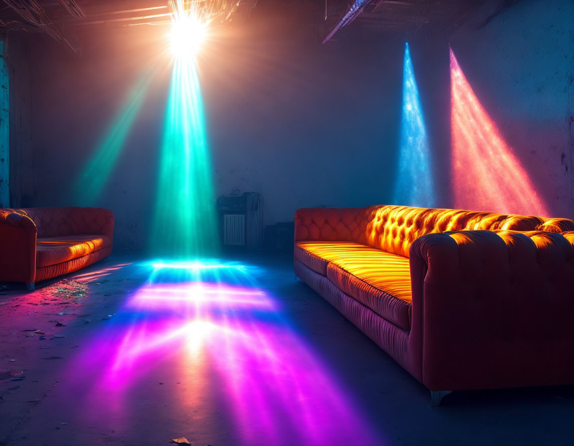 Vintage Orange Sofas in Dim Room with Neon Lights Casting Blue and Pink Hues