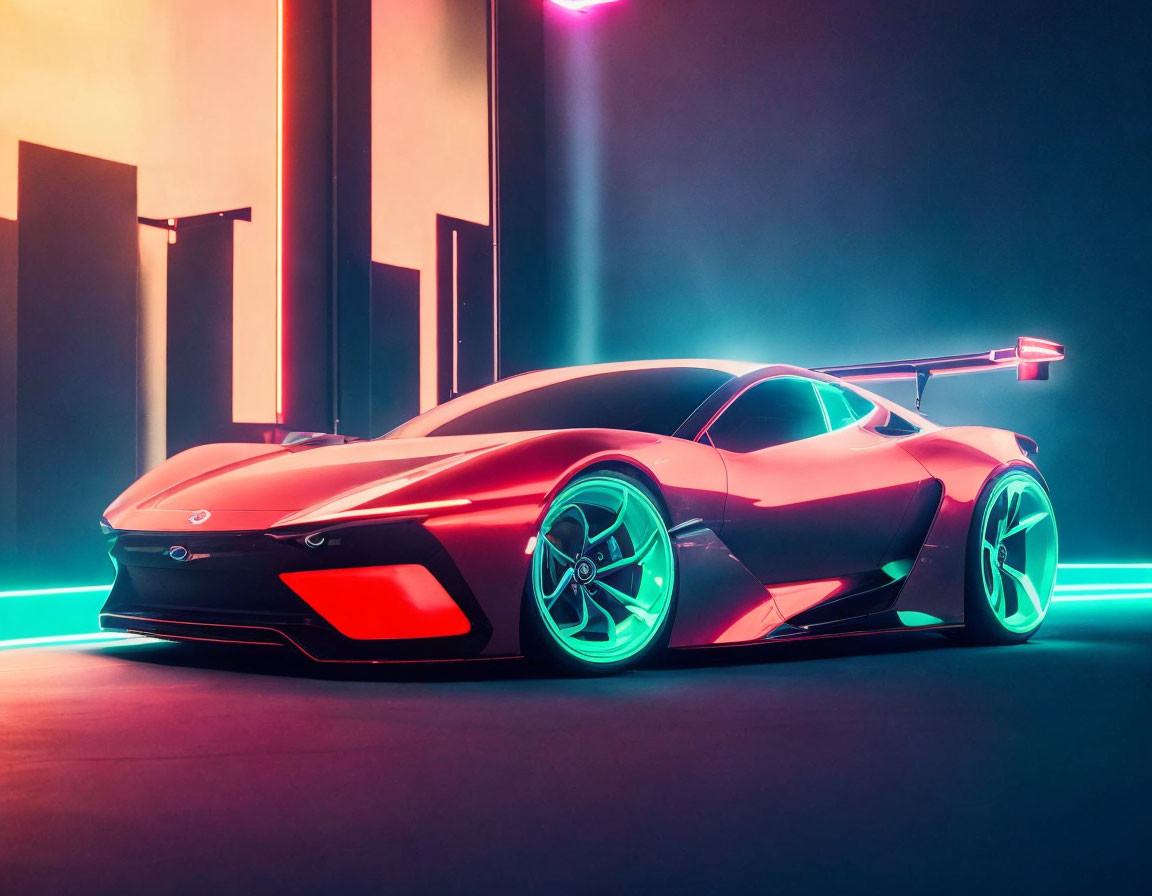 Sleek futuristic sports car with neon lights on vibrant sci-fi background